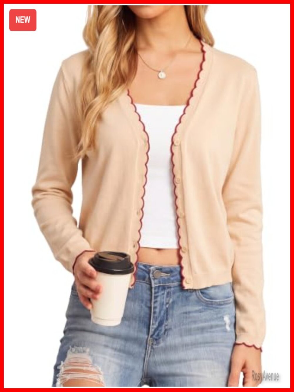 EXLURA Women's V Neck Button Down Cardigan Sweater Lightweight Wavy Trim Knit